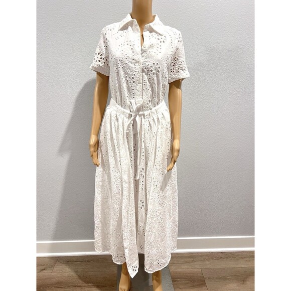 ZARA White Embroidered Eyelet Midi Shirt Dress Pockets Overlay Skirt Sz Medium - Picture 4 of 15